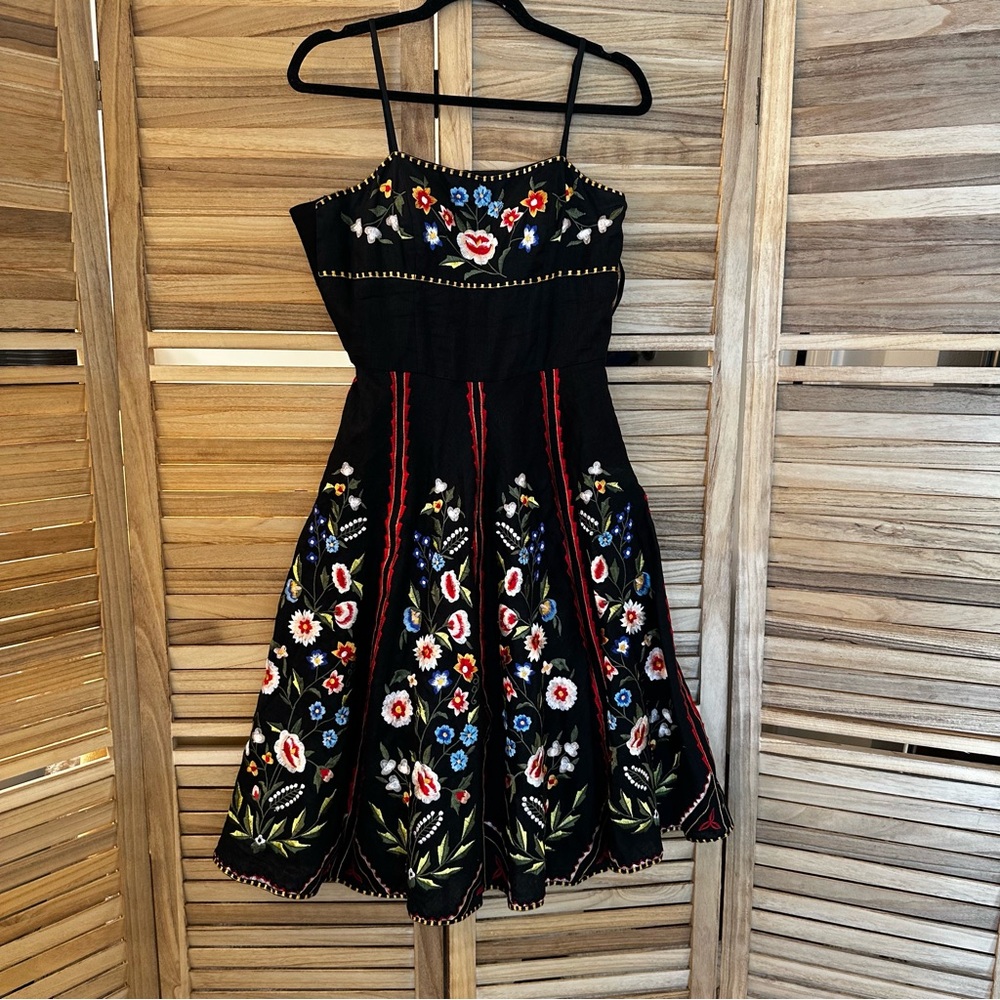 Sue Wong Linen Floral Embroidered under knee length dress size 6 - Picture 2 of 7